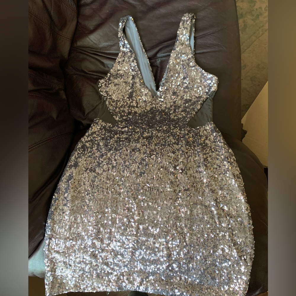 Bebe Sparkling Silver Sequin Mini Dress
